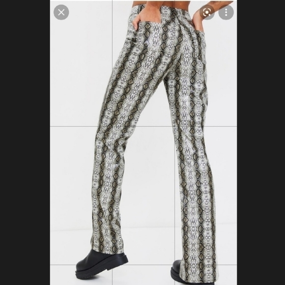 Prettylittlethings Grey Snake Faux Leather Split Hem Straight Leg Pants - Picture 3 of 11